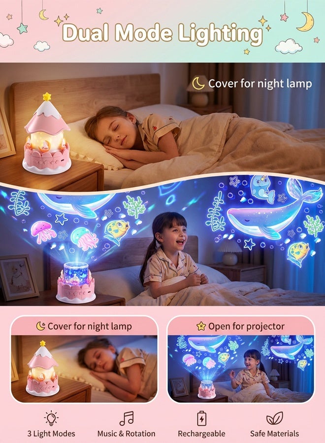 Joudiplay Carousel-Style Children's Projection Lamp - Pink - Plug-in Rotating - 21 Film Sets Featuring 3 light colours, starlit skies to lull little ones to sleep, enchanting unicorns, ocean scenes, birthday celebrations, educational themes + animals, and 21 other enchanting settings. A daily dose of romantic companionship, never repeating. - Image 5